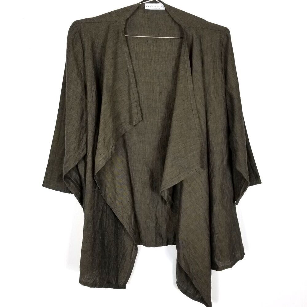 BRYN WALKER Women  Open Linen Drape Top Size L Brown‎ Olive Green 3/4 sleeve